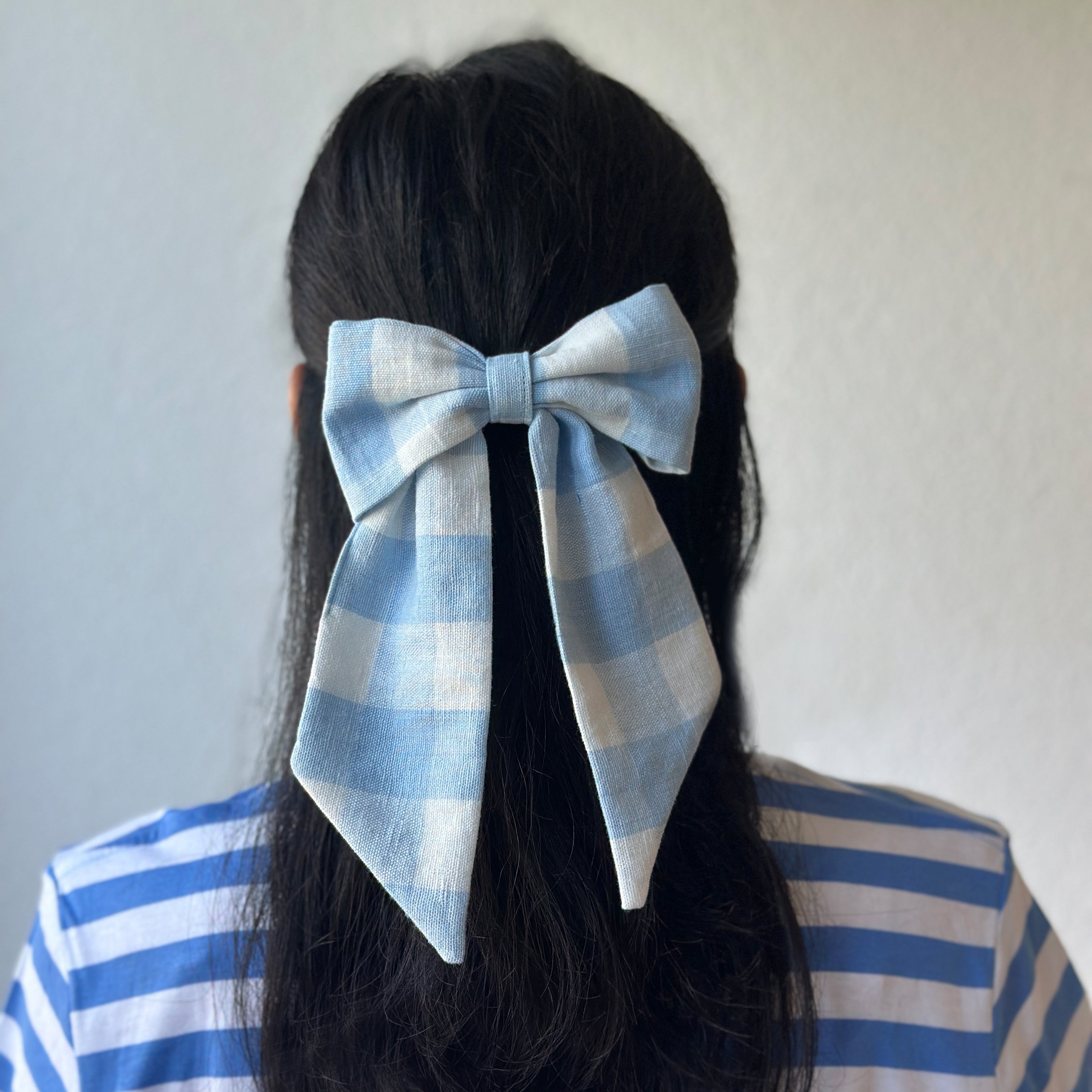 Oversized Hair Bow - Sky Blue Check