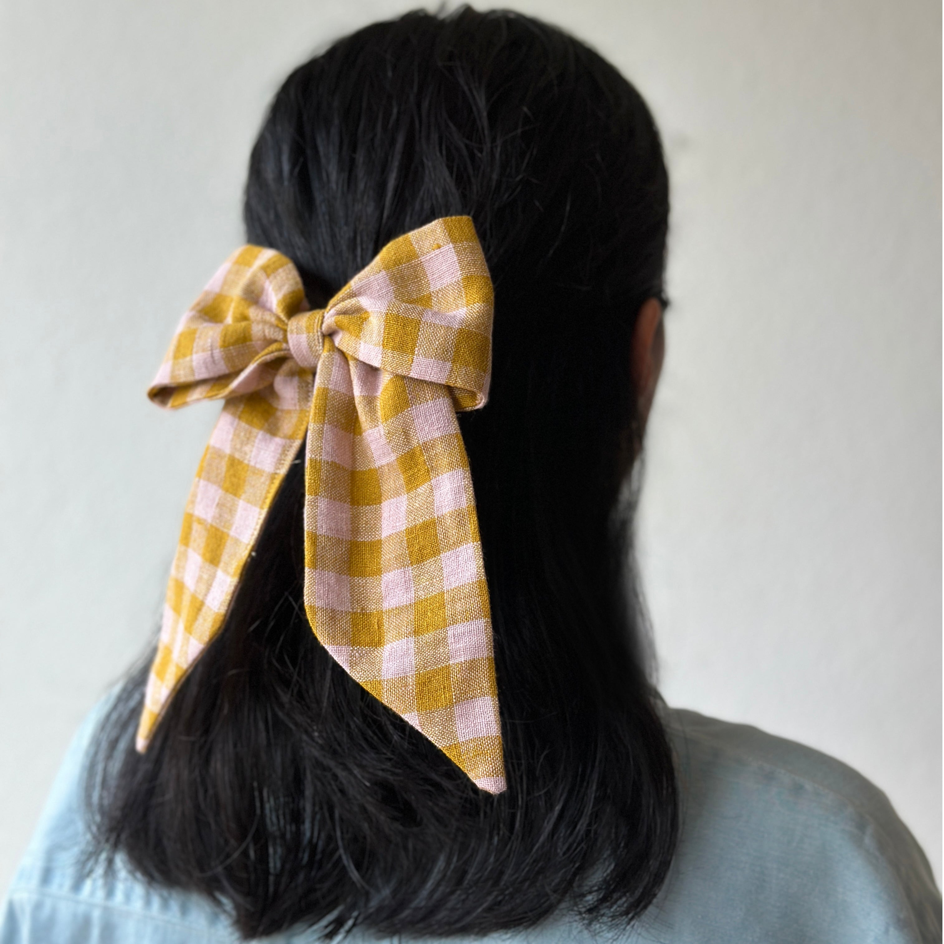Oversized Hair Bow - Mustard Pink Check