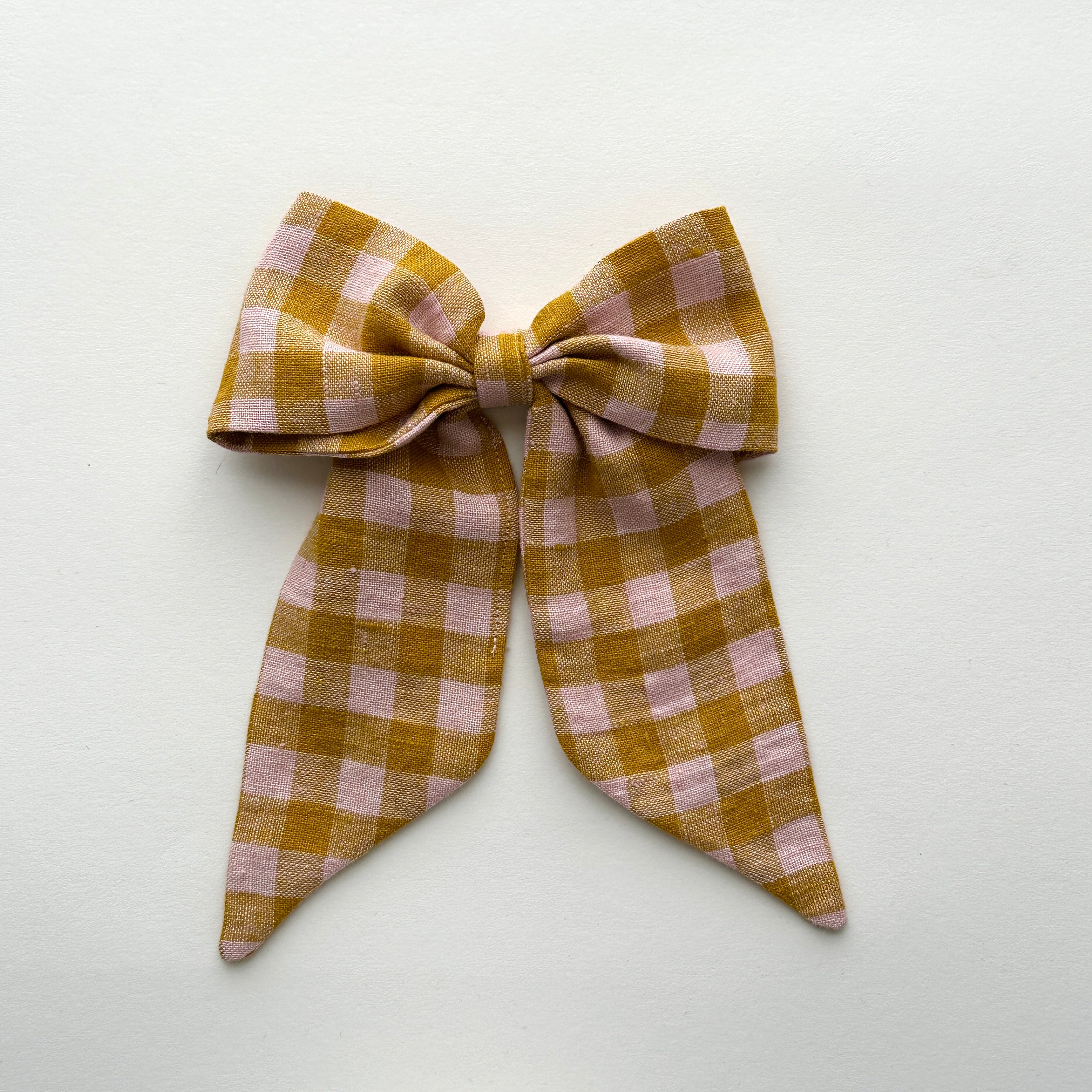 Oversized Hair Bow - Mustard Pink Check