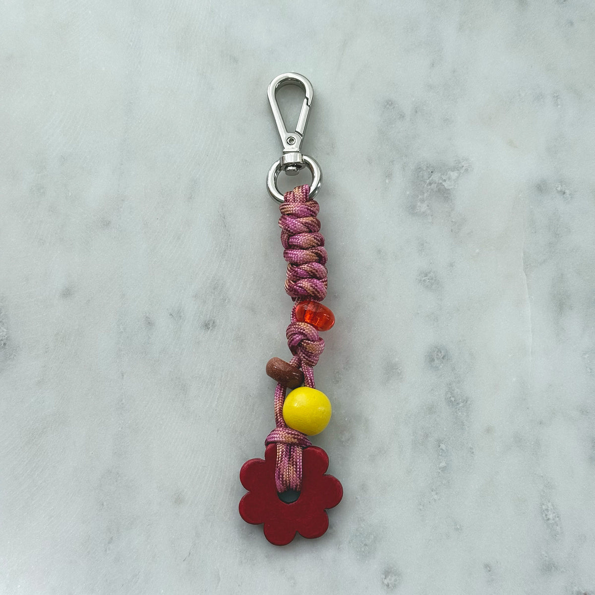 Bag Charm – Lilac, orange Cord & Red Flower