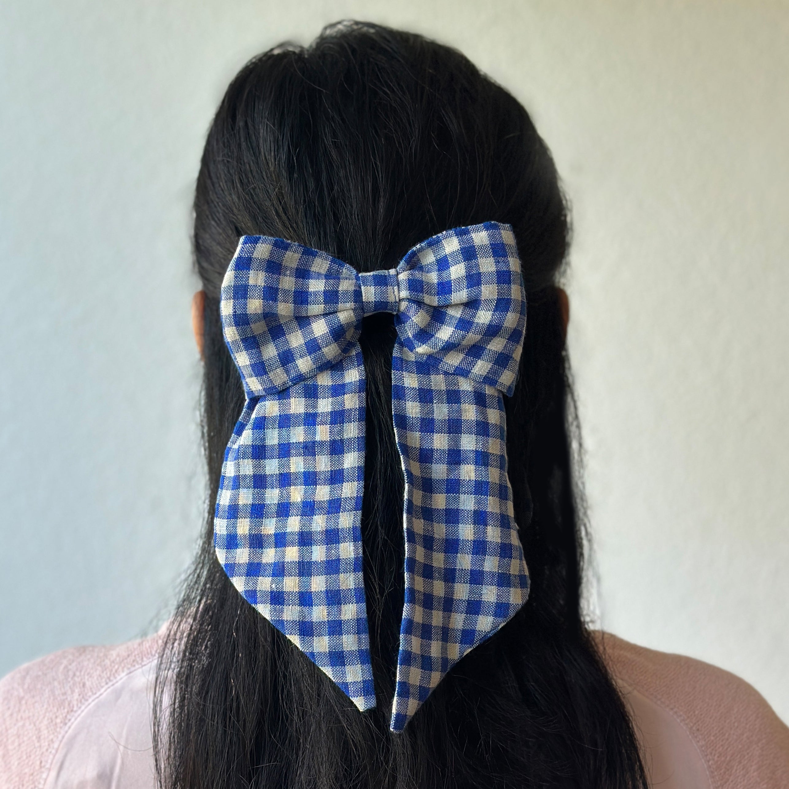 Oversized Hair Bow - Bright Blue Check