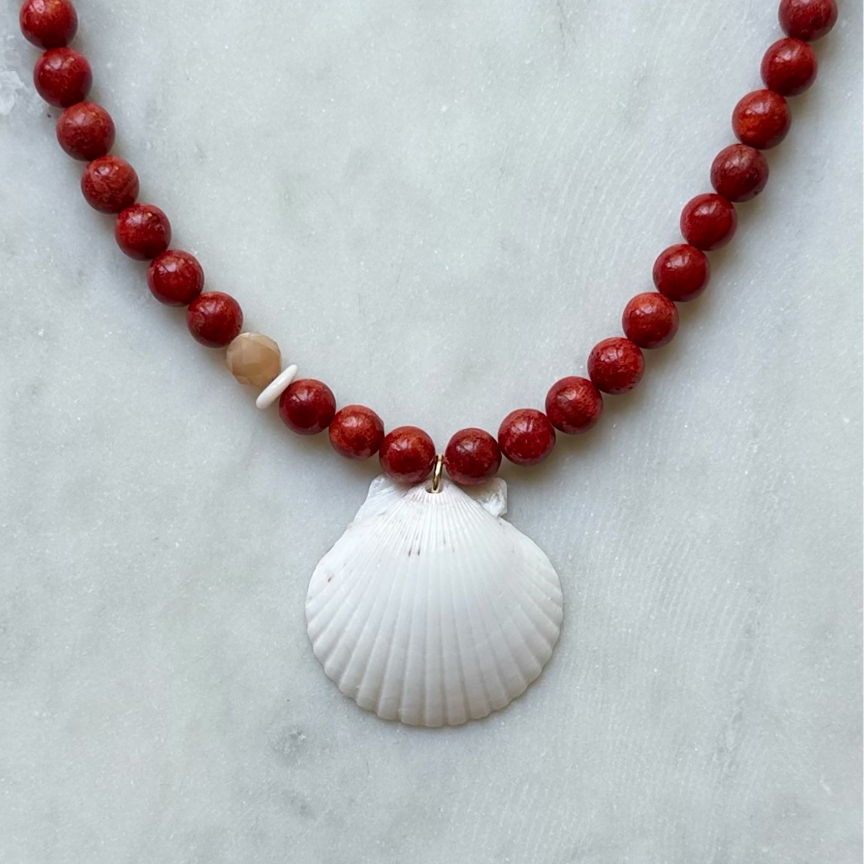 White Scallop & Coral Necklace