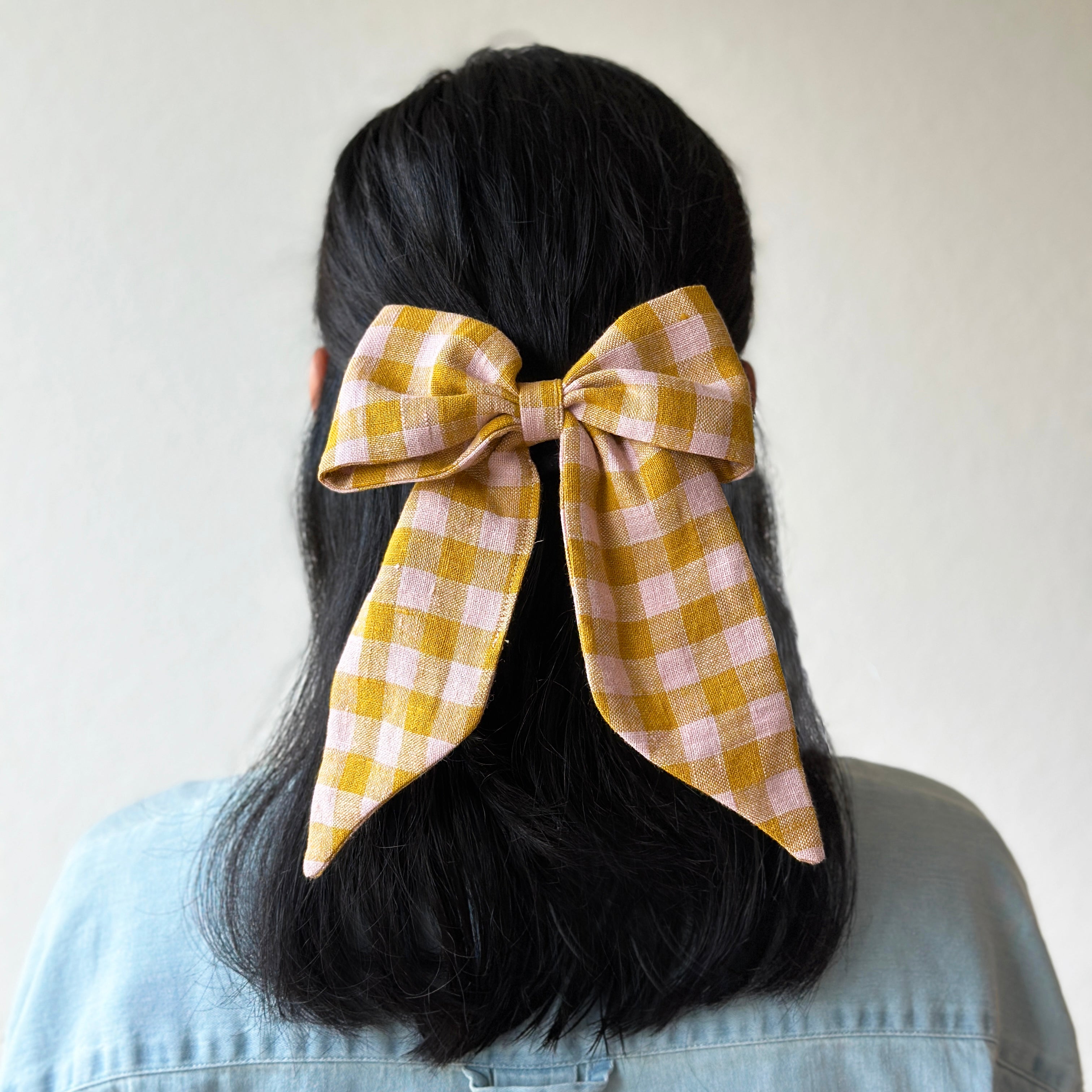 Oversized Hair Bow - Mustard Pink Check