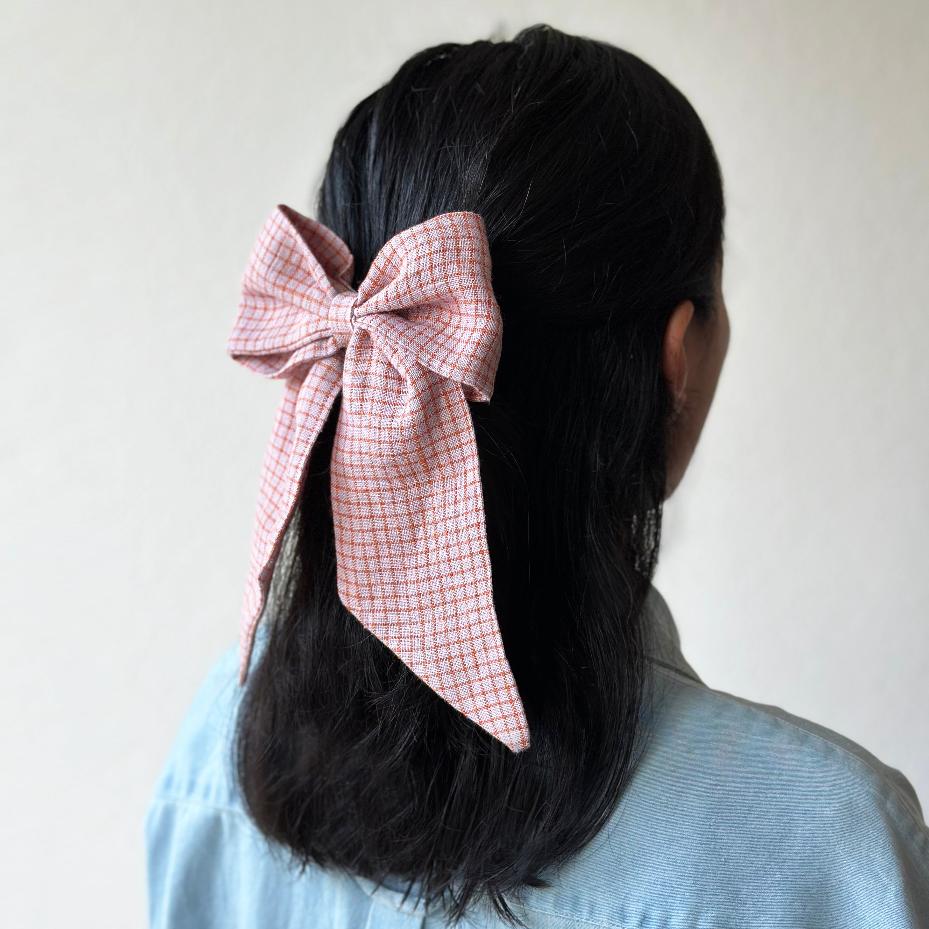 Oversized Hair Bow - Pale Pink Orange Check