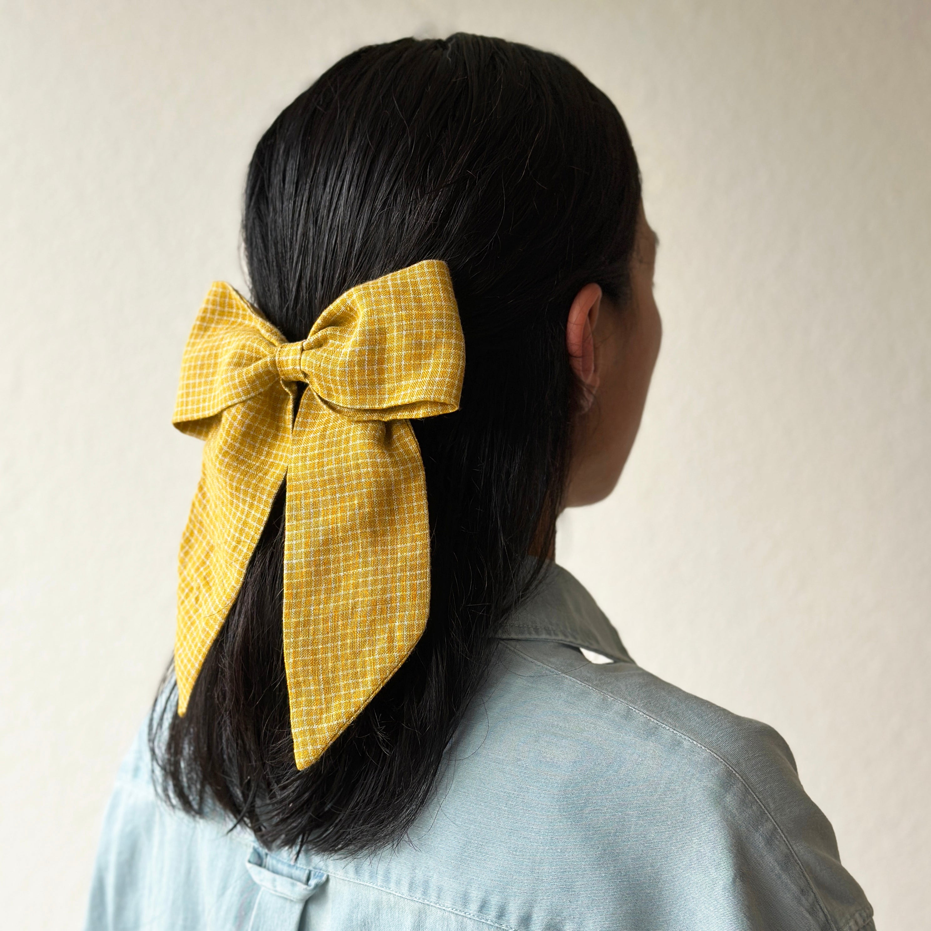 Oversized Hair Bow - Marigold Cream Check